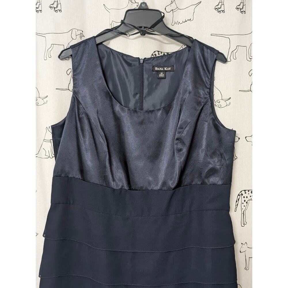Dana Kay Navy Satin Evening Gown Tiered Dress Womens 14 Sheer Overlay Cocktail - Picture 2 of 7